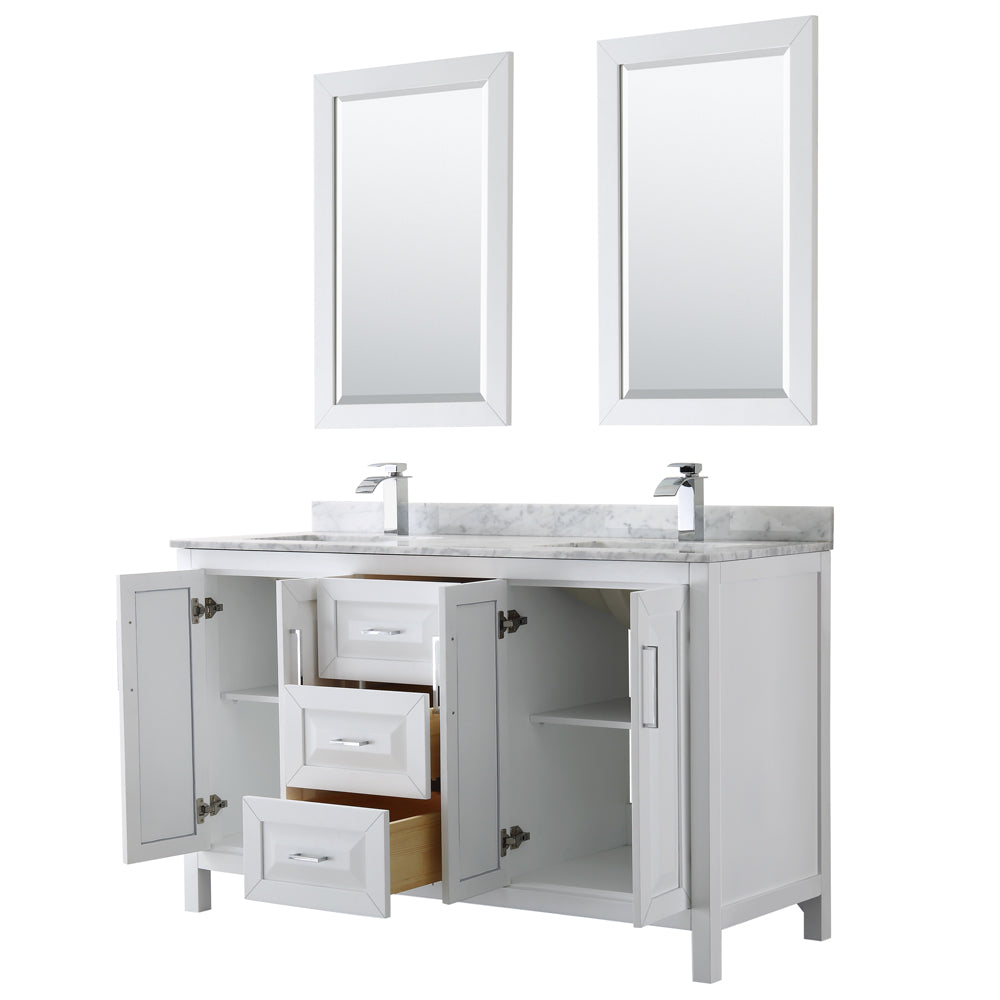 Daria 60" Double Vanity in White, Top, Square Sinks, 24" Mirrors