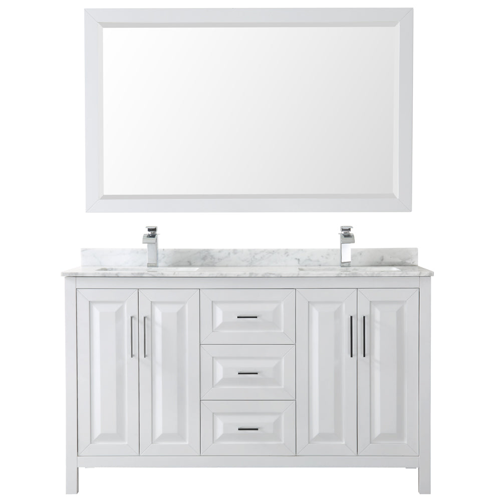 Daria 60" Double Vanity in White, Top, Square Sinks, 58" Mirror