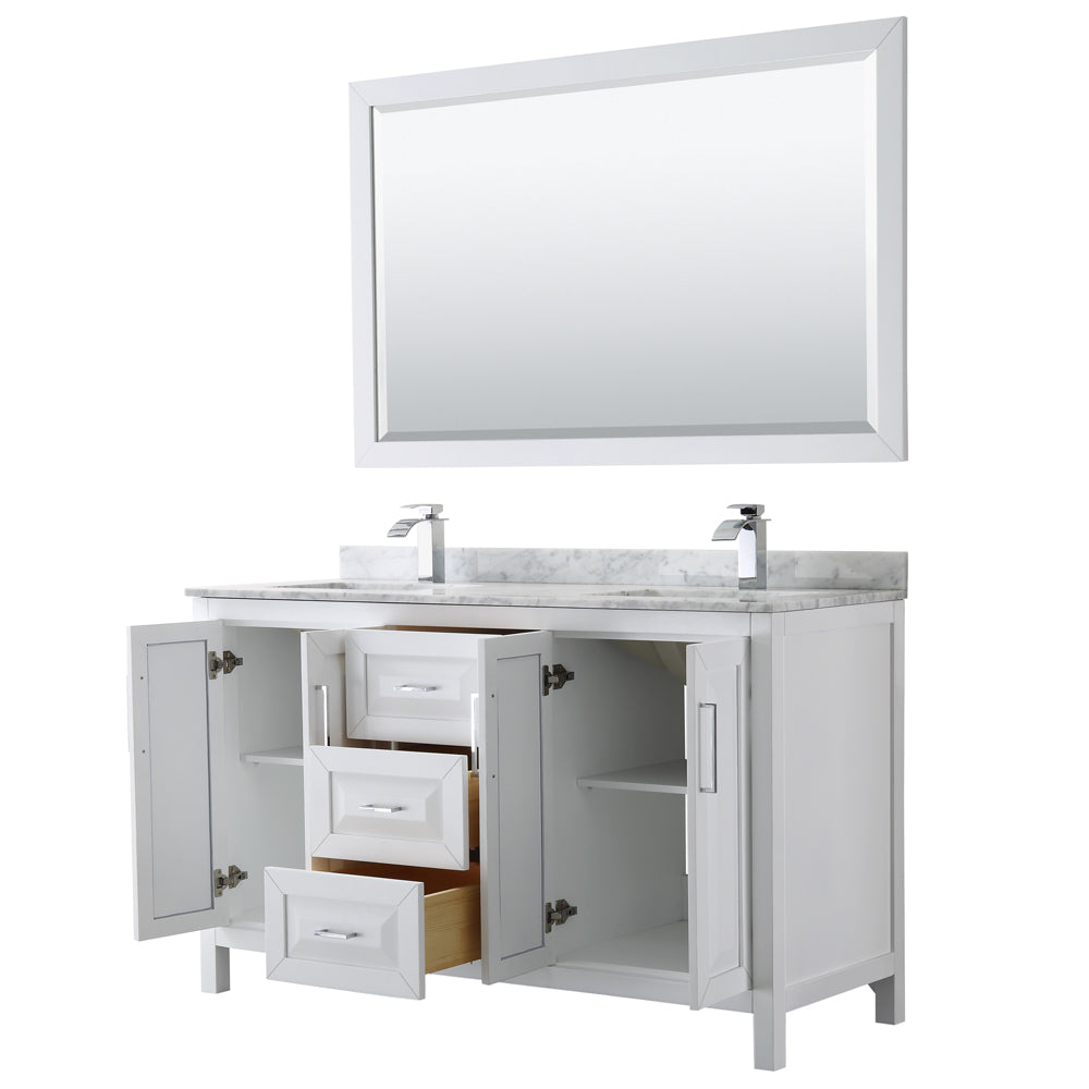 Daria 60" Double Vanity in White, Top, Square Sinks, 58" Mirror