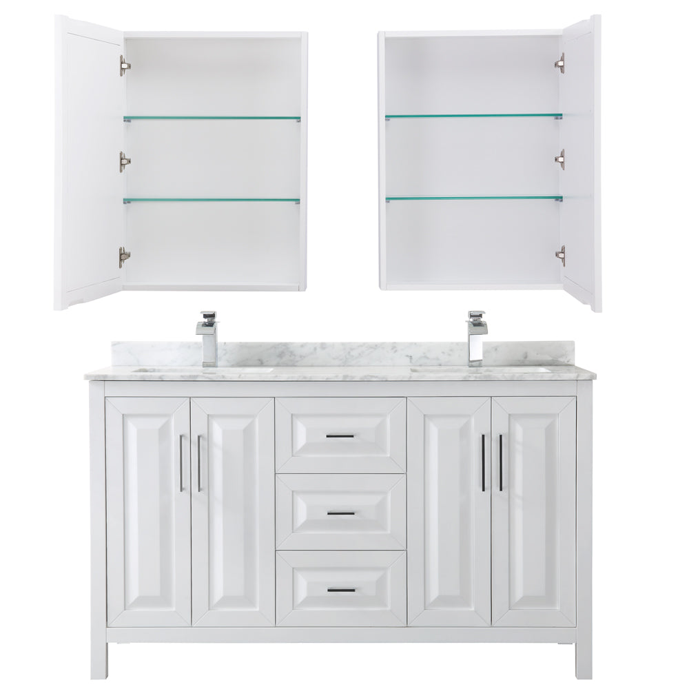 Daria 60" Double Vanity in White, Top, Square Sinks, Medicine Cabinets