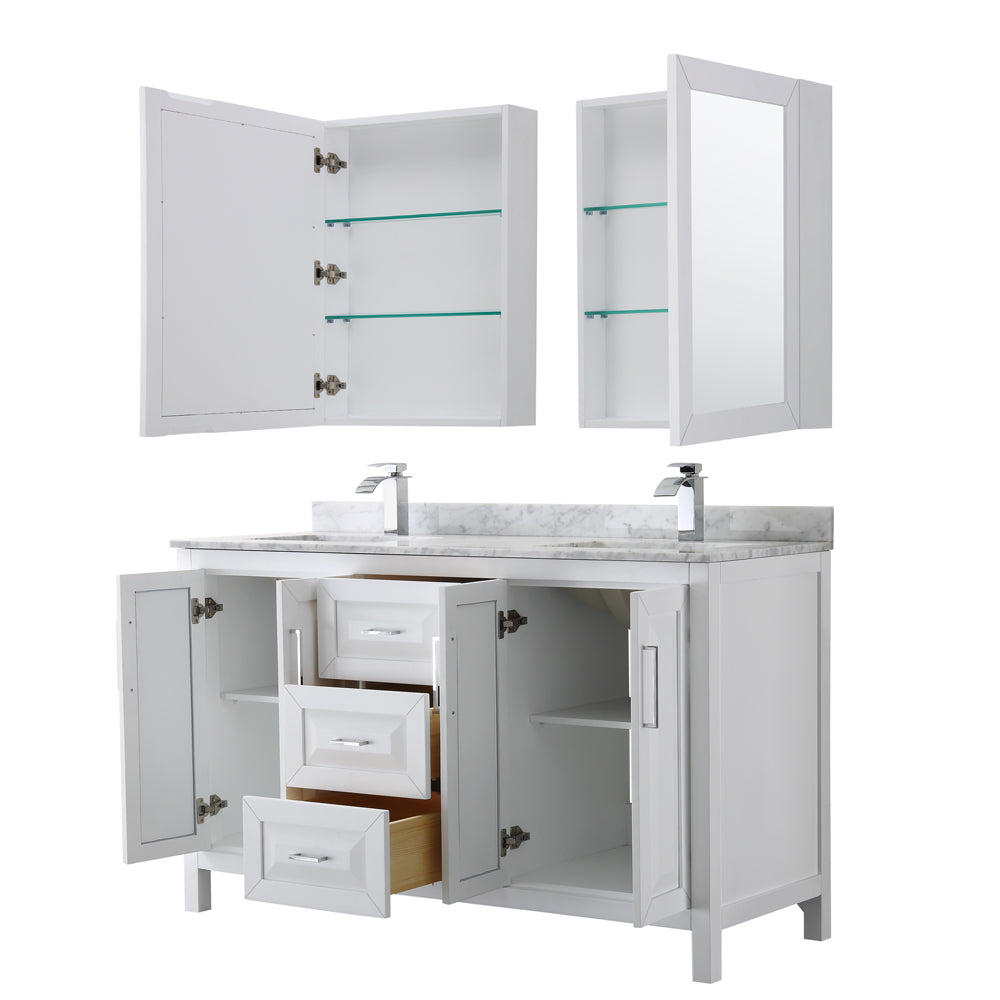 Daria 60" Double Vanity in White, Top, Square Sinks, Medicine Cabinets