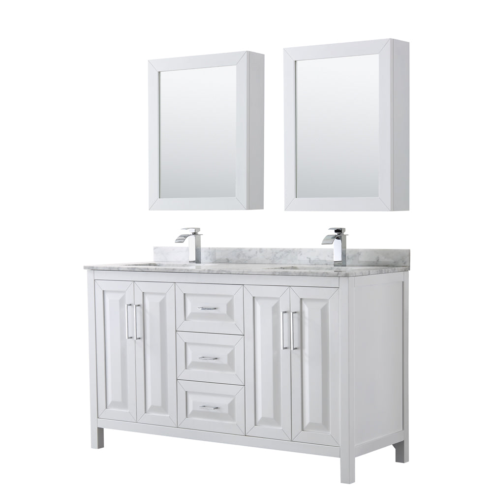 Daria 60" Double Vanity in White, Top, Square Sinks, Medicine Cabinets