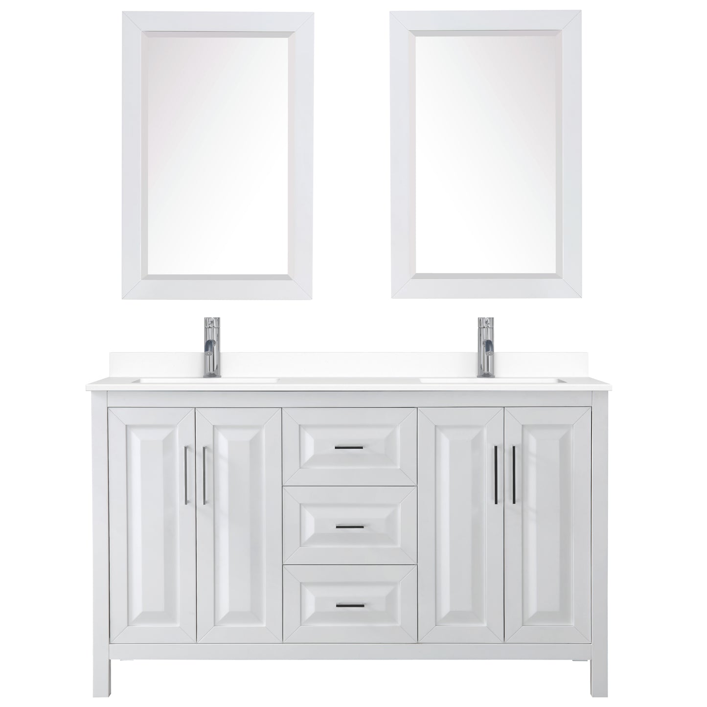 Daria 60" Double Vanity in White, White Cultured Marble Top, Sinks, 24" Mirrors