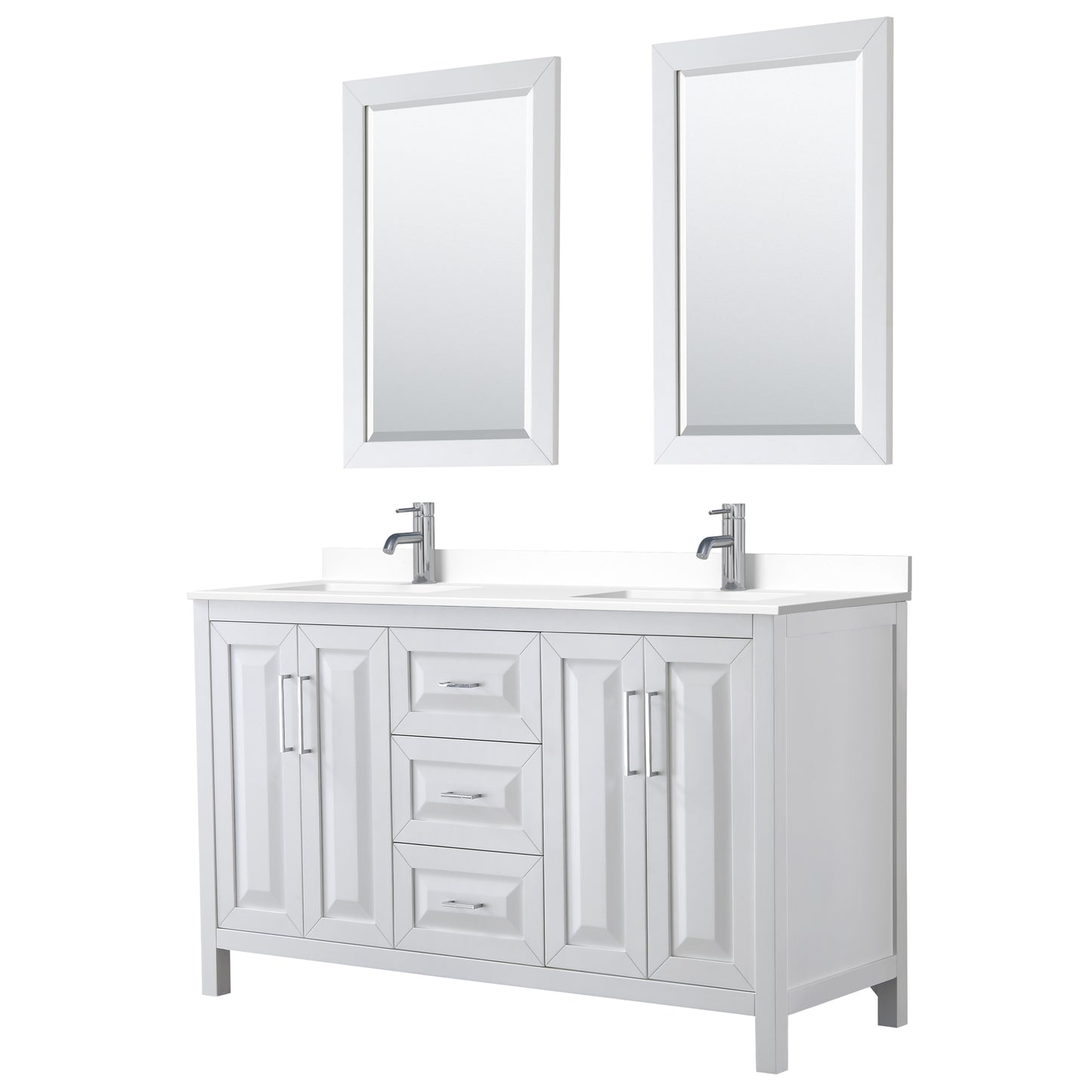Daria 60" Double Vanity in White, White Cultured Marble Top, Sinks, 24" Mirrors