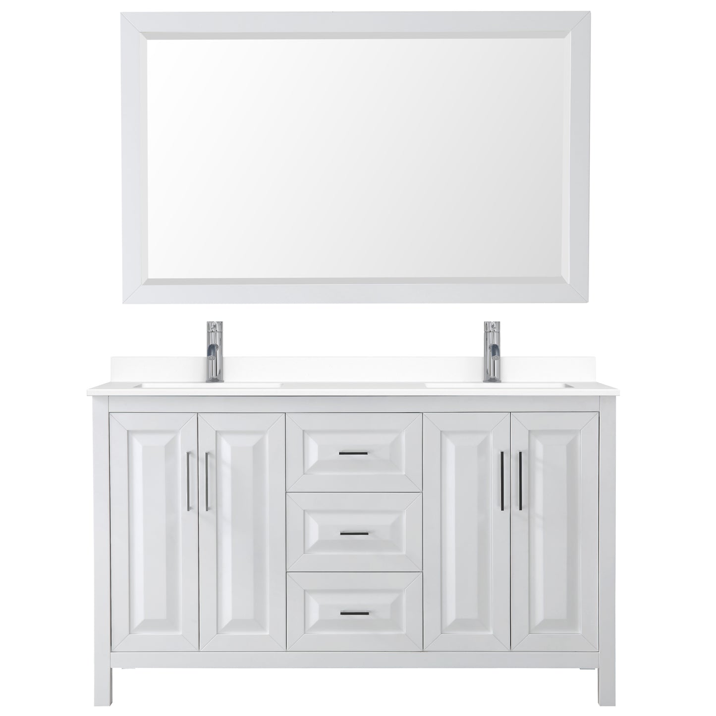 Daria 60" Double Vanity in White, White Cultured Marble Top, Sinks, 58" Mirror