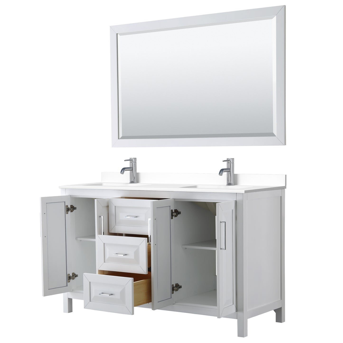 Daria 60" Double Vanity in White, White Cultured Marble Top, Sinks, 58" Mirror