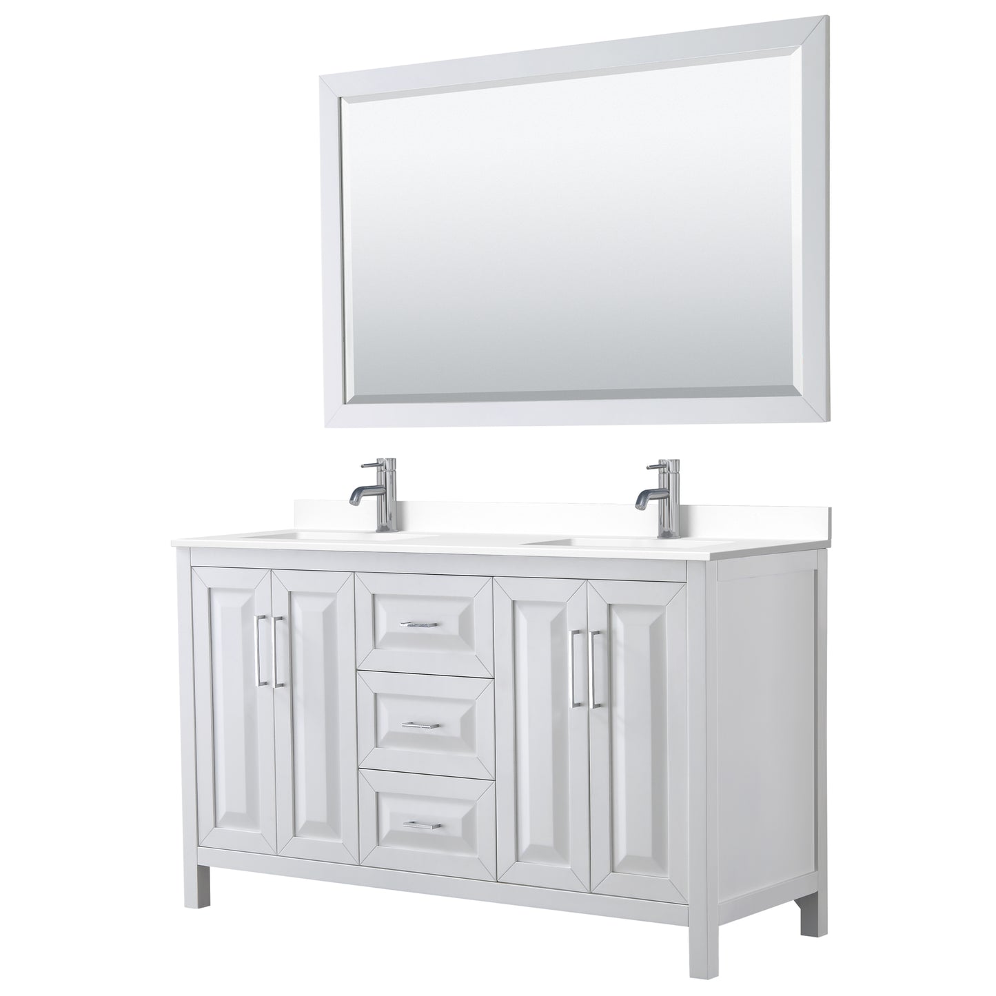 Daria 60" Double Vanity in White, White Cultured Marble Top, Sinks, 58" Mirror