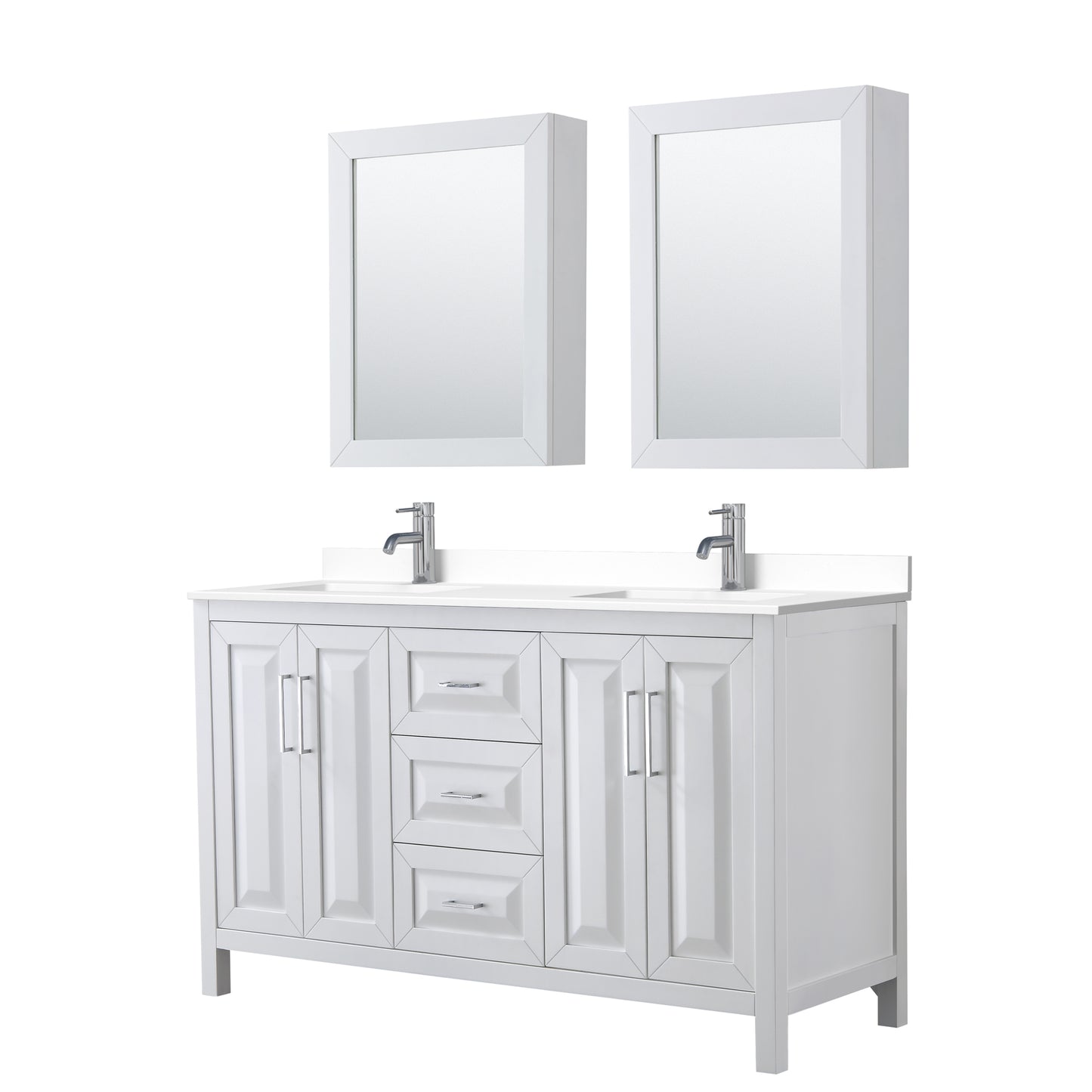 Daria 60" Double Vanity in White, White Cultured Marble Top, Medicine Cabinets