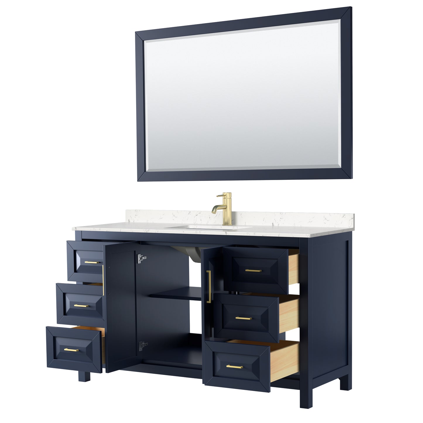 Daria 60" Single Vanity in Dark Blue, Carrara Cultured Marble Top, 58" Mirror