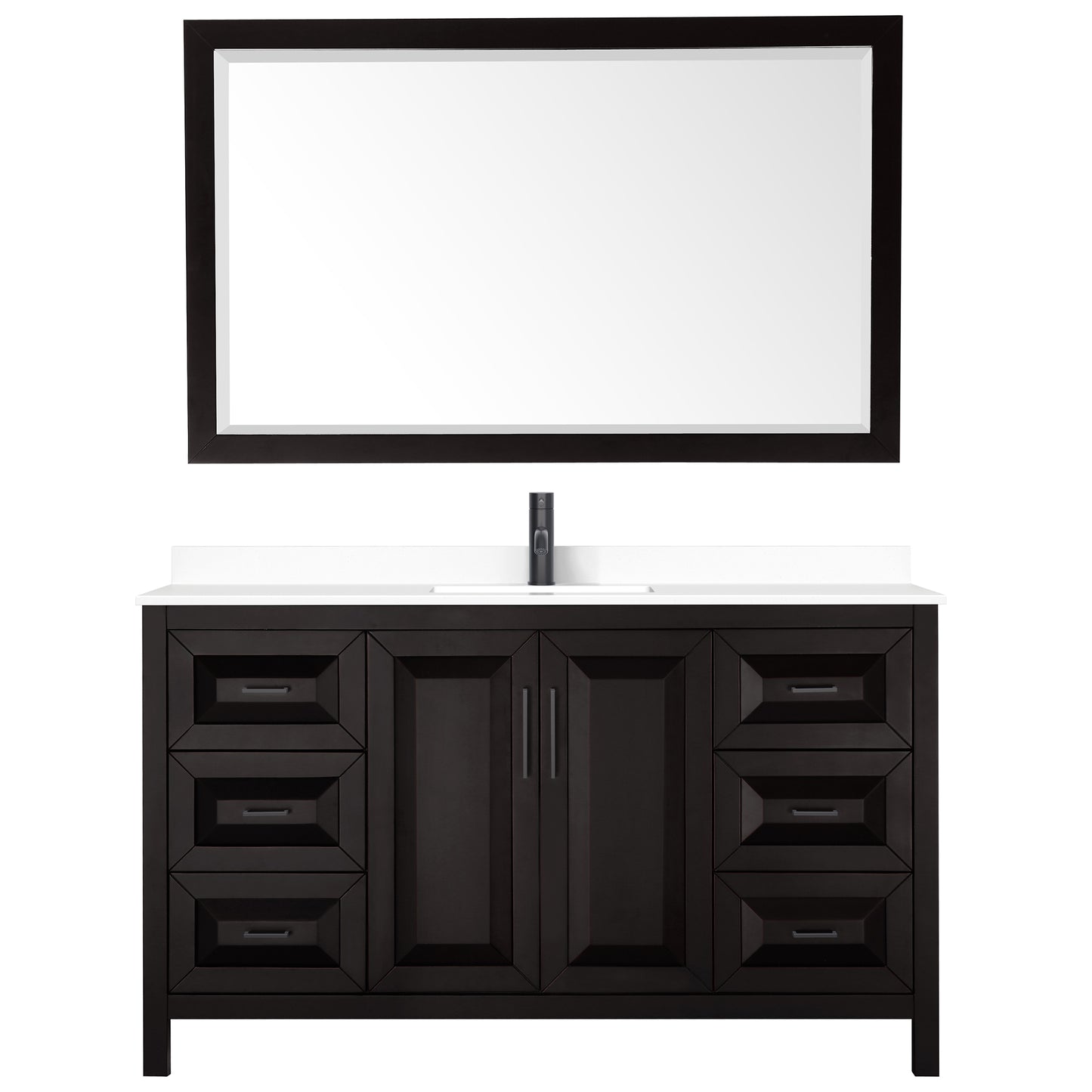 Daria 60" Dark Espresso Single Vanity, White Marble Top, Black Trim, 58" Mirror