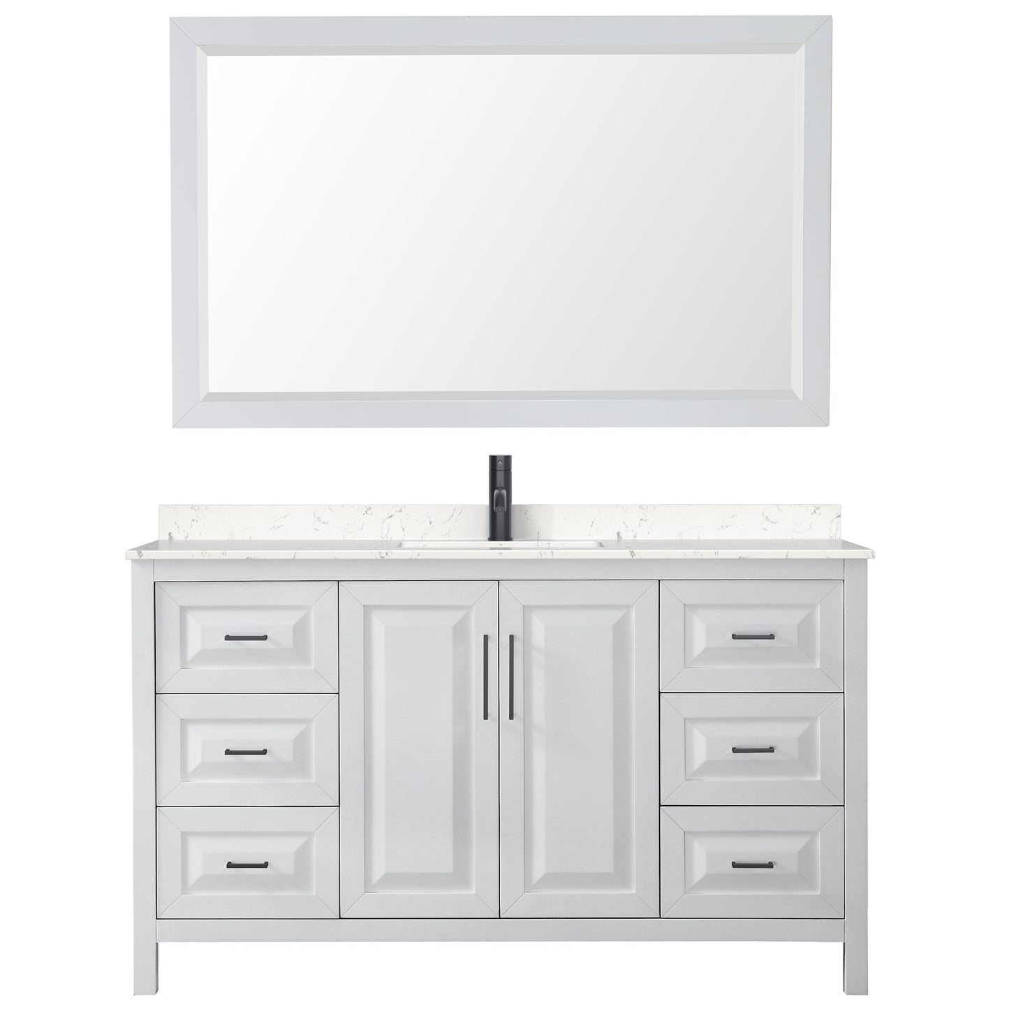 Daria 60" Single Vanity in White, Carrara Marble Top, Black Trim, 58" Mirror