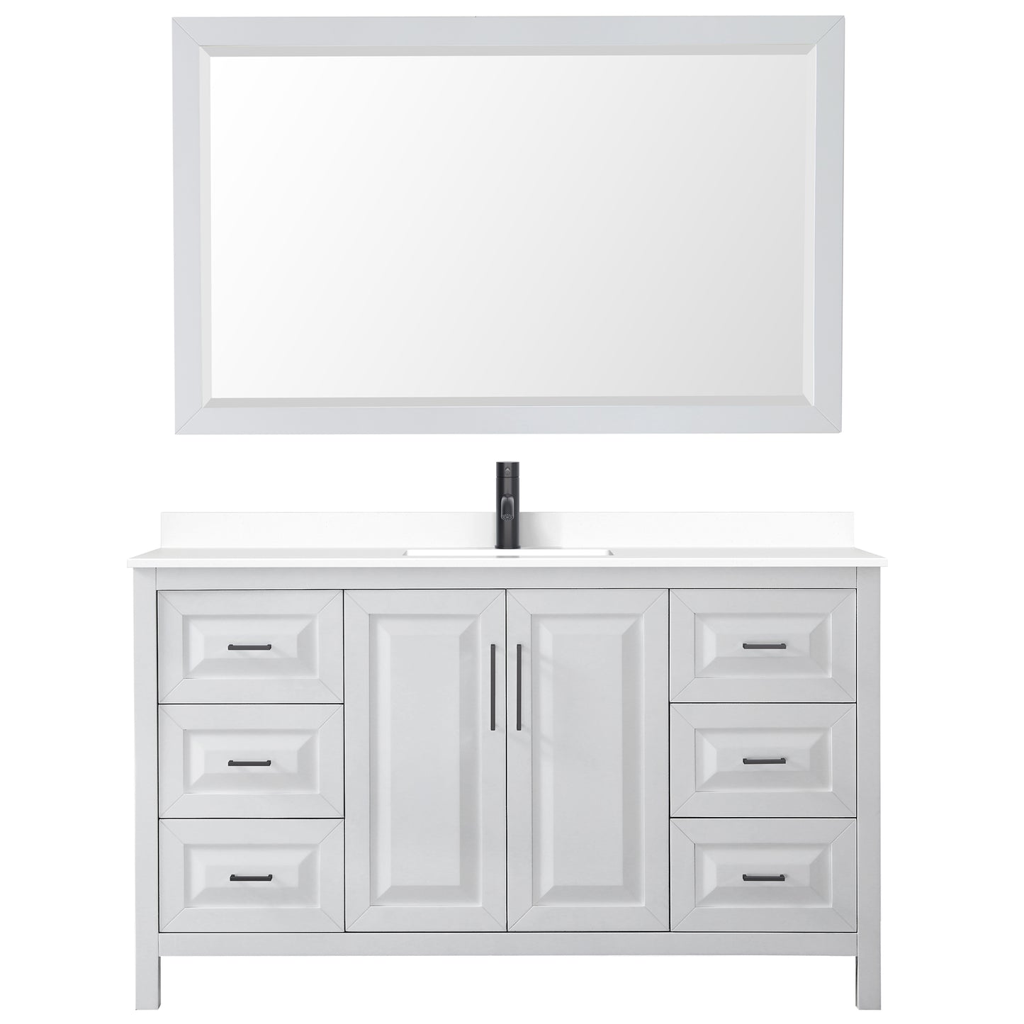 Daria 60" Single Vanity in White, White Marble Top, Black Trim, 58" Mirror