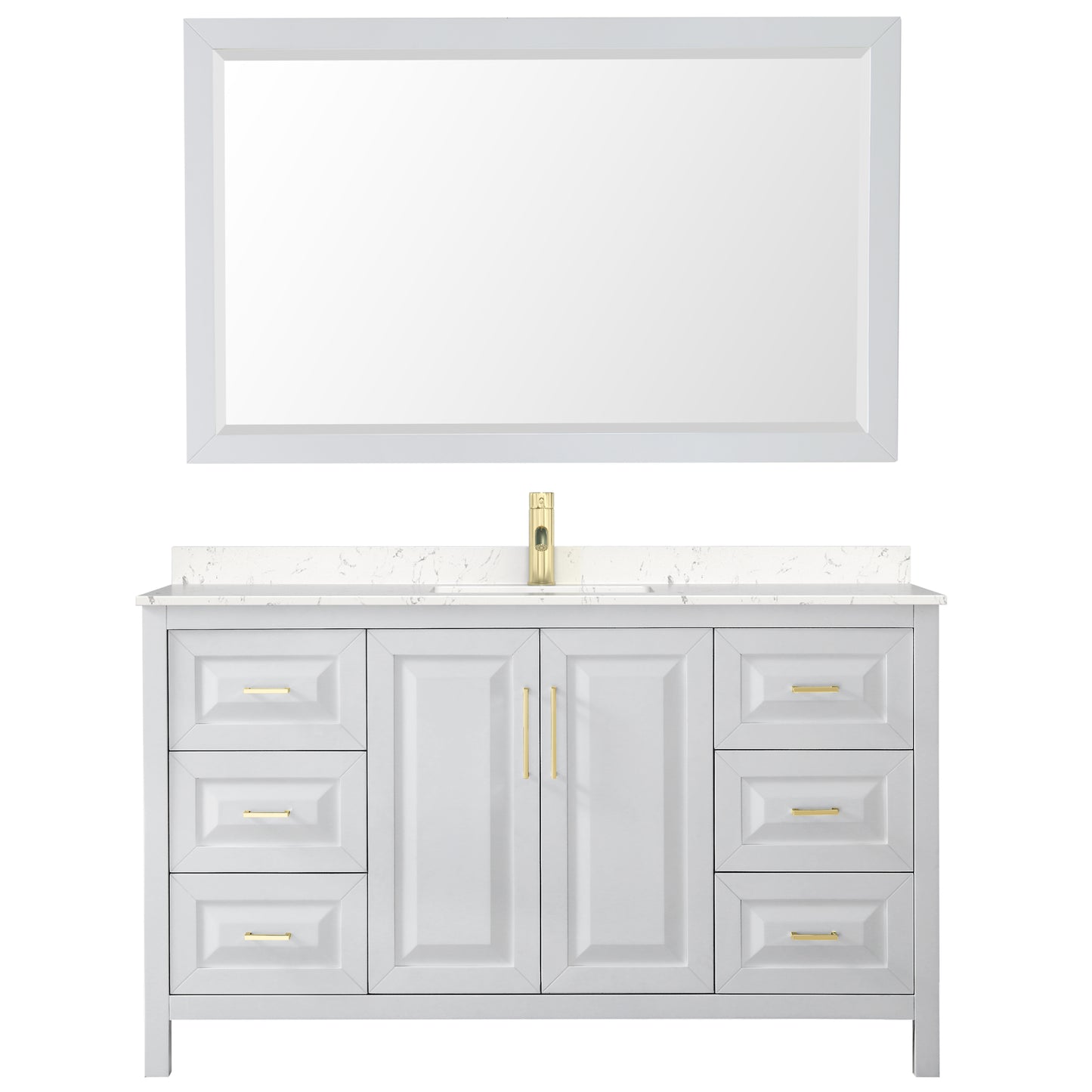 Daria 60" White Single Vanity, Carrara Marble Top, 58" Mirror, Brushed Gold Trim