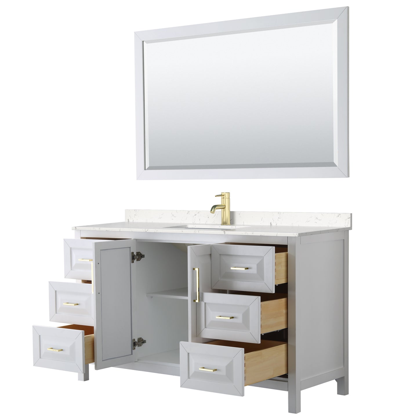 Daria 60" White Single Vanity, Carrara Marble Top, 58" Mirror, Brushed Gold Trim