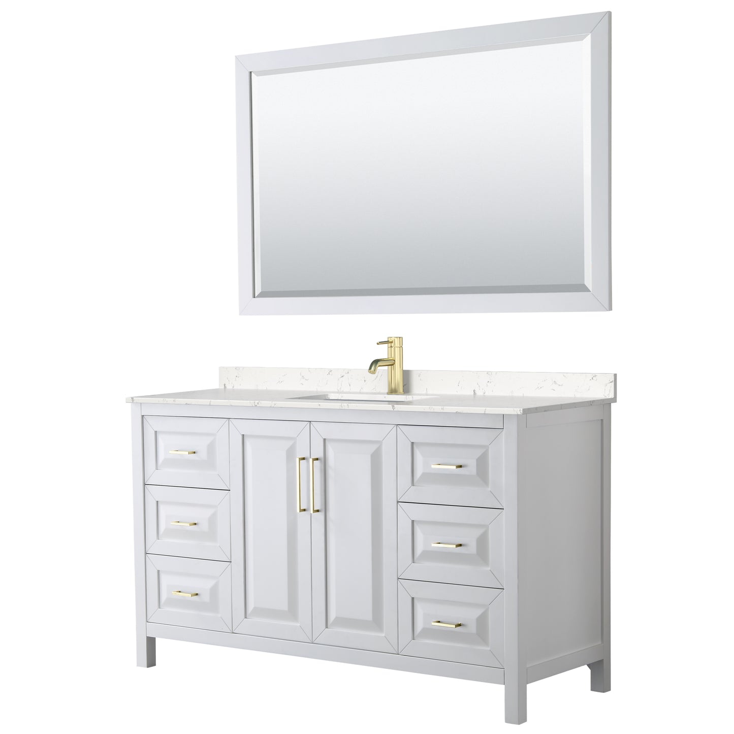 Daria 60" White Single Vanity, Carrara Marble Top, 58" Mirror, Brushed Gold Trim