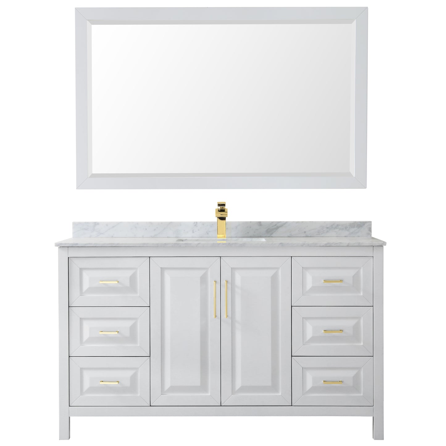 Daria 60" Single Vanity in White, Top, Square 58" Mirror, Brushed Gold Trim