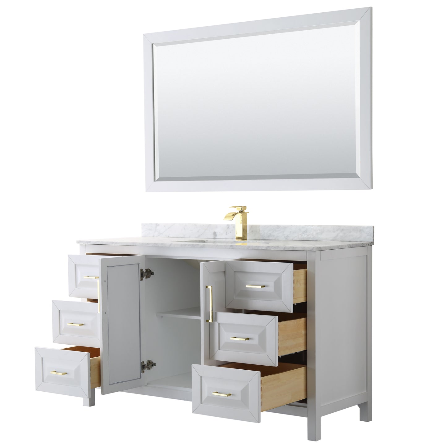 Daria 60" Single Vanity in White, Top, Square 58" Mirror, Brushed Gold Trim