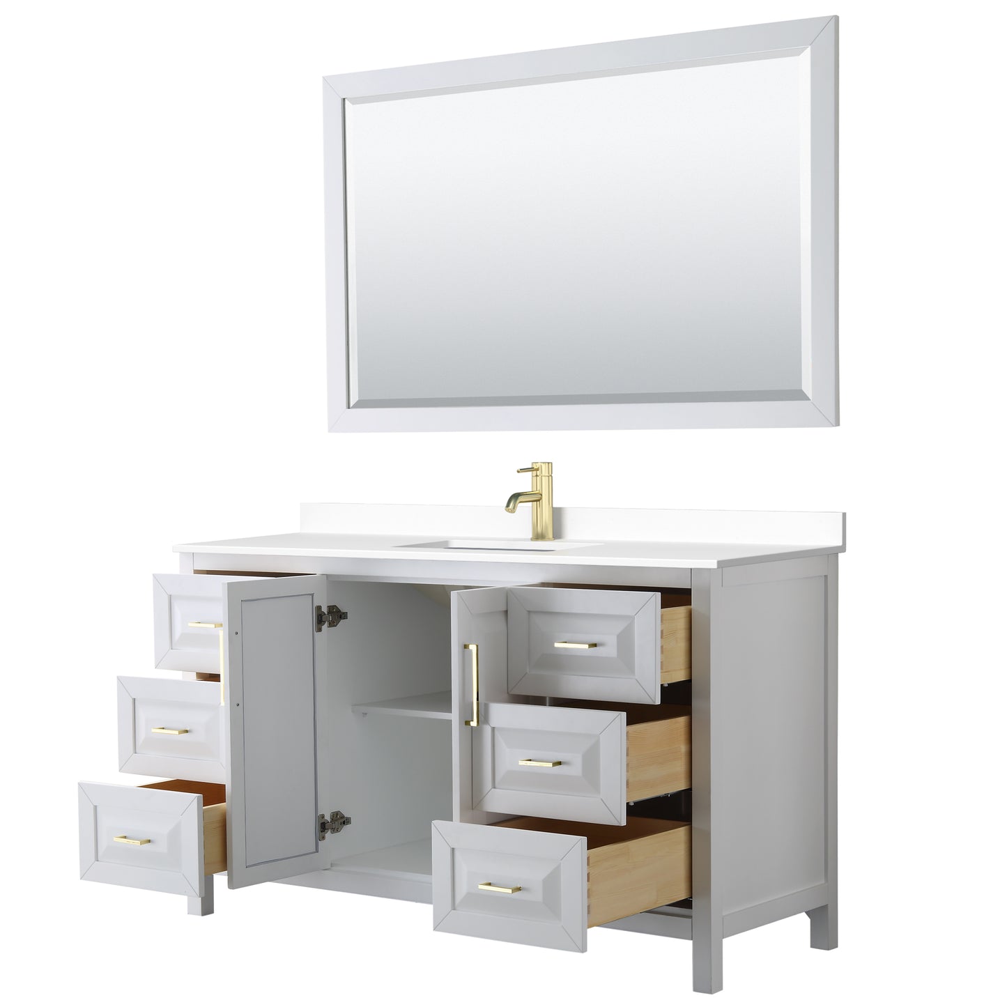 Daria 60" White Single Vanity, White Marble Top, 58" Mirror, Brushed Gold Trim