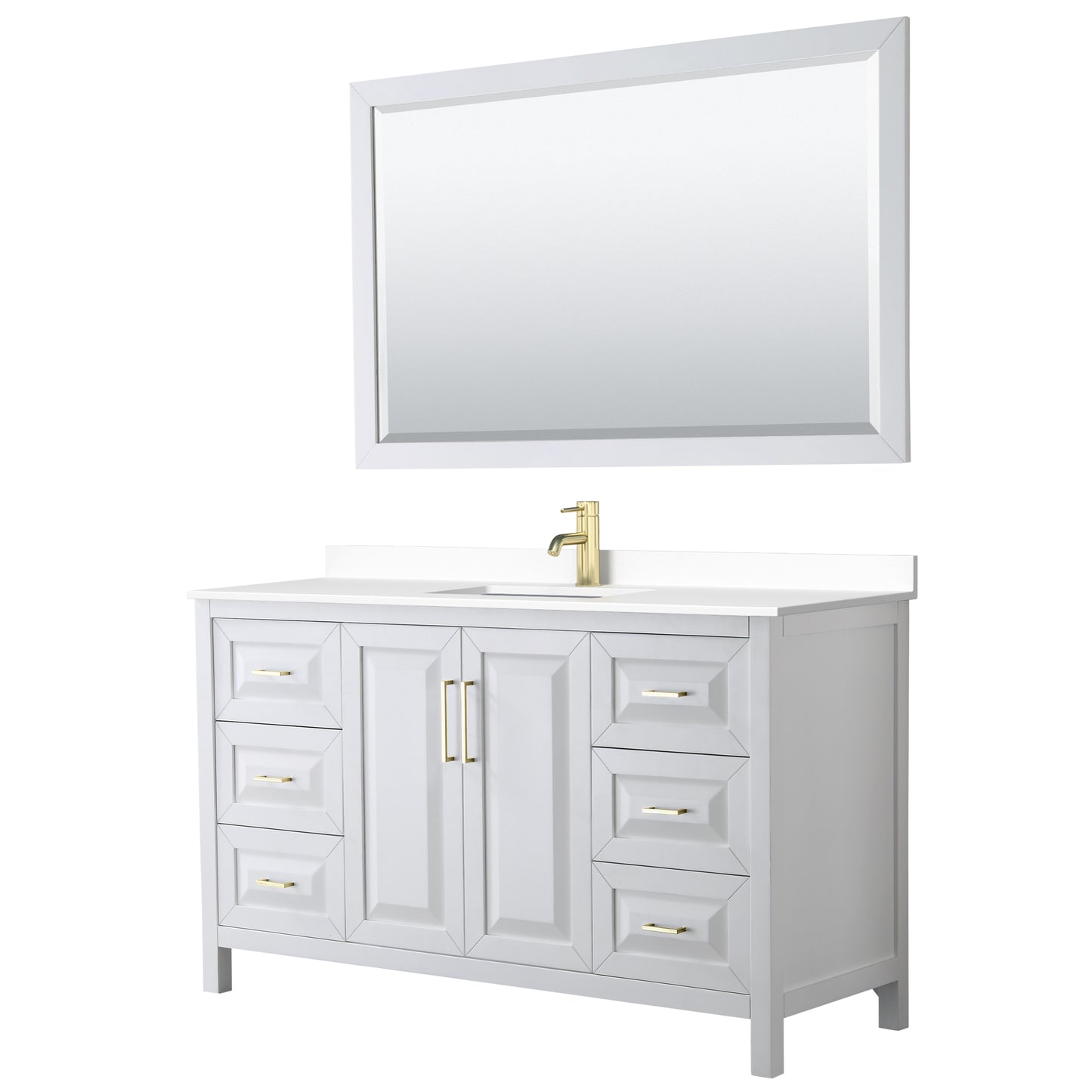 Daria 60" White Single Vanity, White Marble Top, 58" Mirror, Brushed Gold Trim