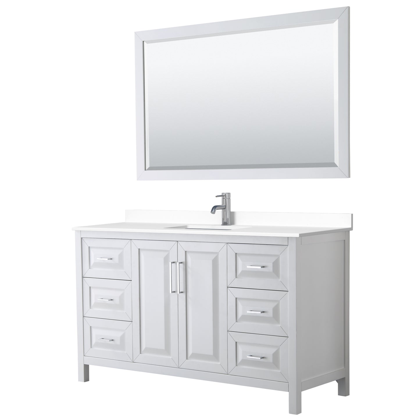 Daria 60" Single Vanity in White, White Cultured Marble Top, Sink, 58" Mirror