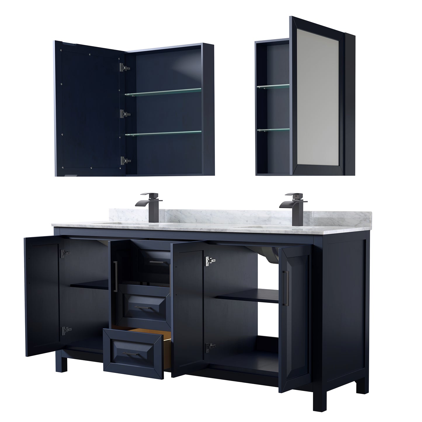Daria 72" Double Vanity in Dark Blue, Top, Black Trim, Medicine Cabinets