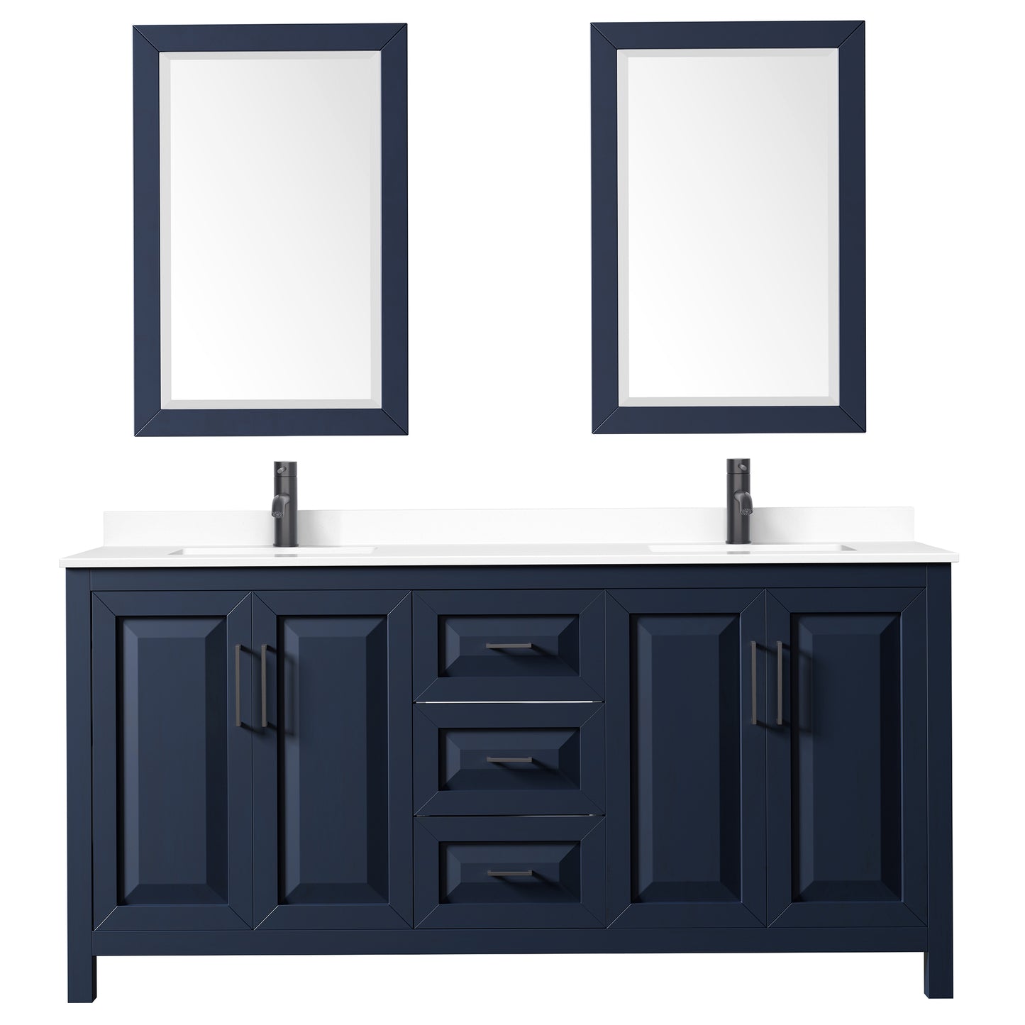 Daria 72" Double Vanity in Dark Blue, White Marble Top, Black Trim, 24" Mirrors