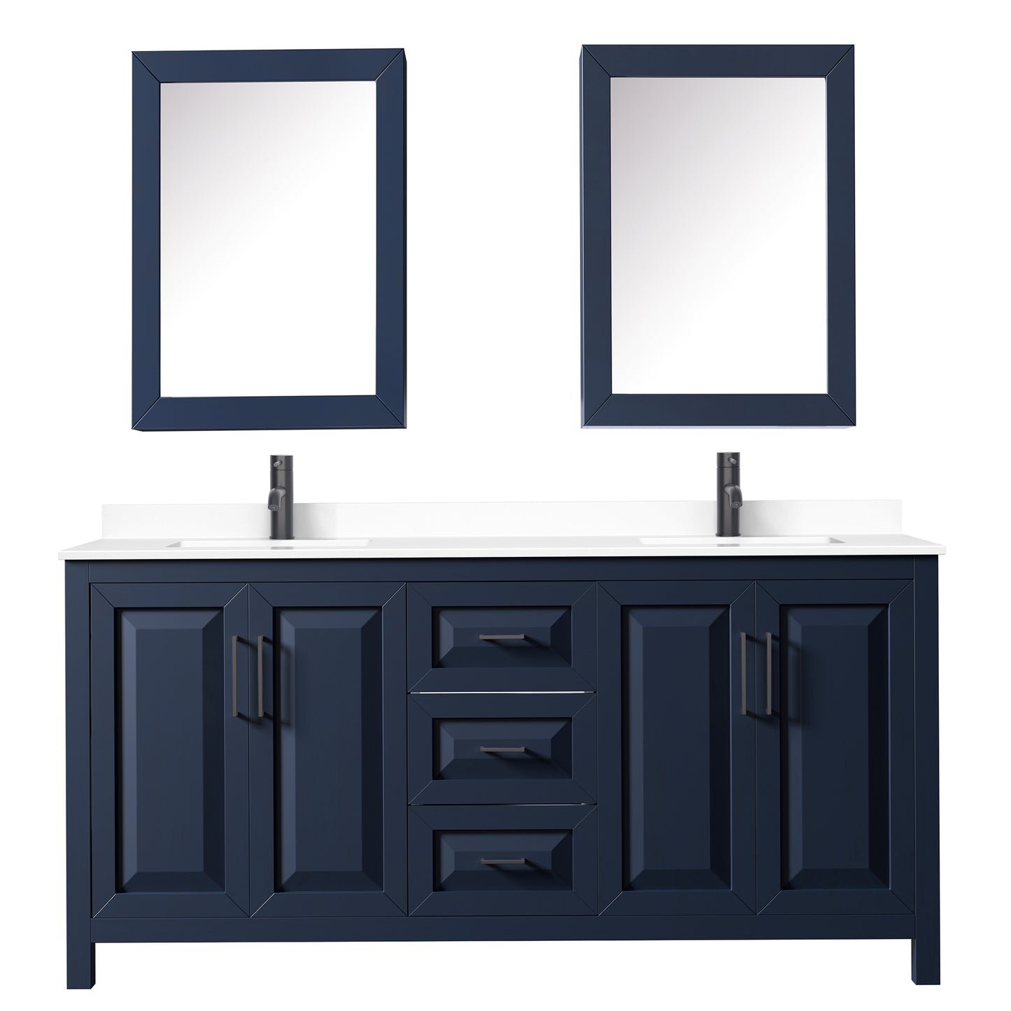 Daria 72" Blue Double Vanity, White Marble Top, Black Trim, Medicine Cabinets