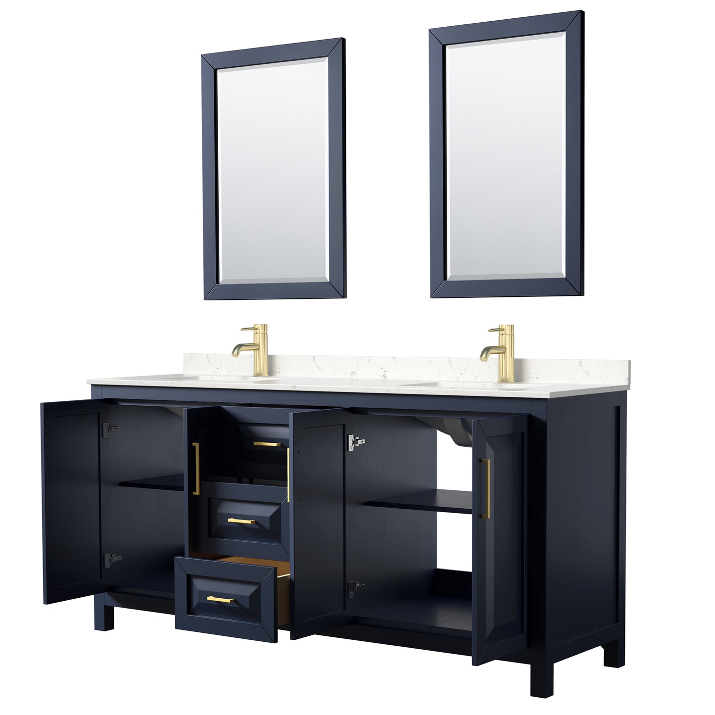 Daria 72" Double Vanity in Dark Blue, Carrara Cultured Marble Top, 24" Mirrors