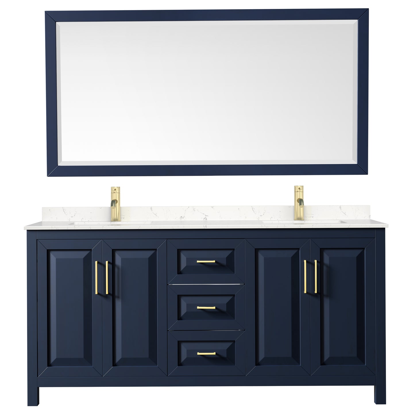 Daria 72" Double Vanity in Dark Blue, Carrara Cultured Marble Top, 70" Mirror