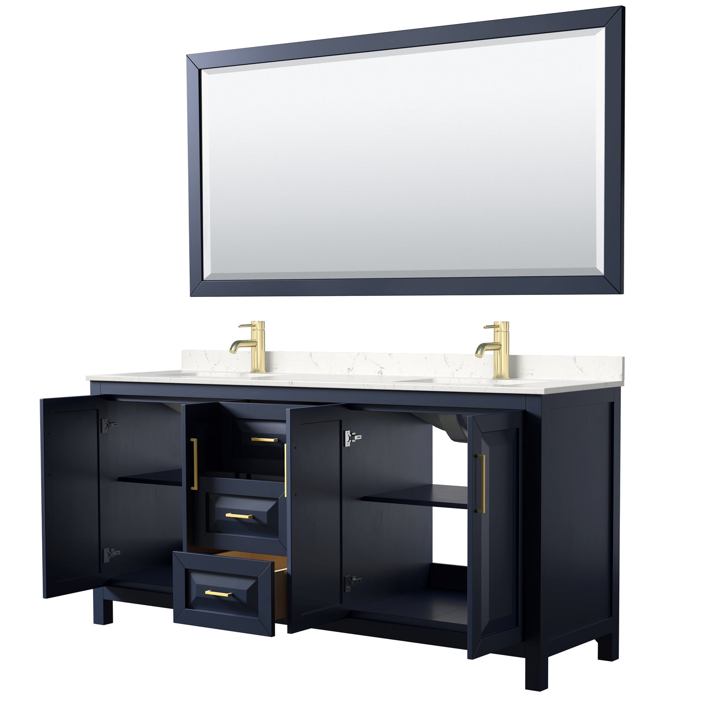Daria 72" Double Vanity in Dark Blue, Carrara Cultured Marble Top, 70" Mirror