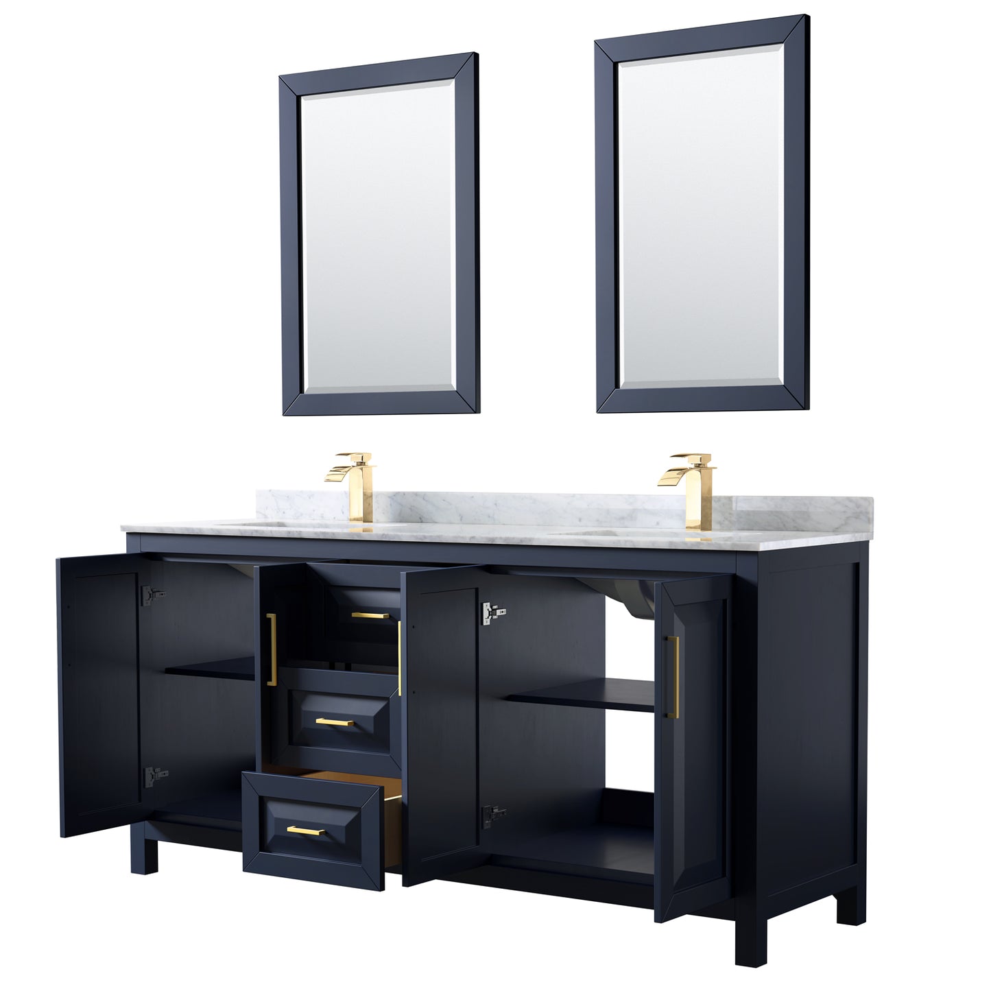 Daria 72" Double Vanity in Dark Blue, Top, Square Sinks, 24" Mirrors