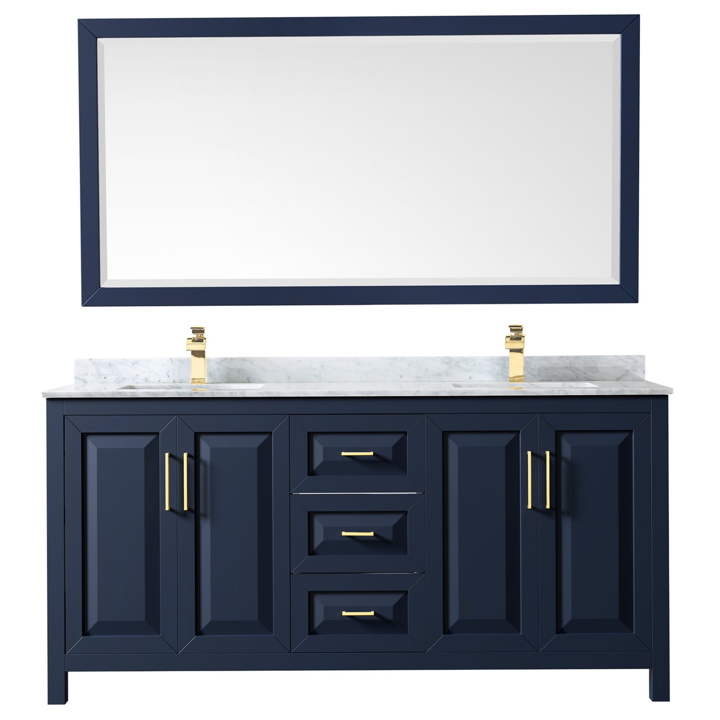 Daria 72" Double Vanity in Dark Blue, Top, Square Sinks, 70" Mirror