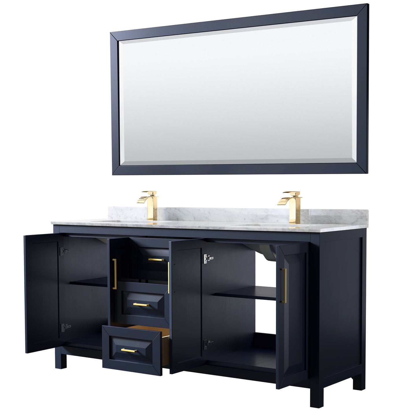 Daria 72" Double Vanity in Dark Blue, Top, Square Sinks, 70" Mirror