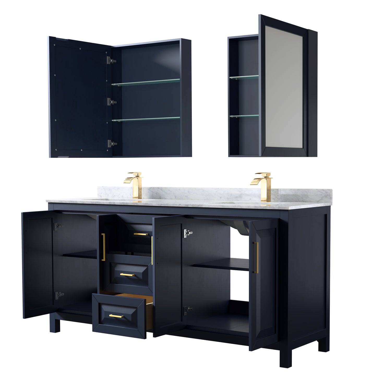 Daria 72" Double Vanity in Dark Blue, Top, Square Sinks, Medicine Cabinets
