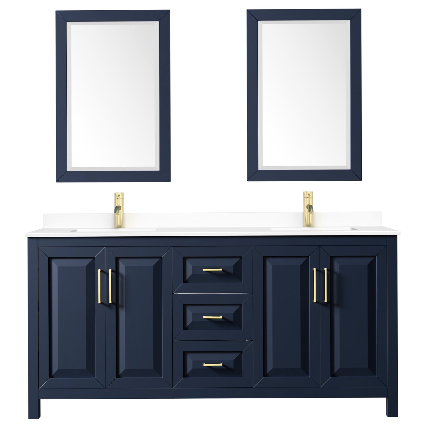 Daria 72" Double Vanity in Dark Blue, White Cultured Marble Top, 24" Mirrors