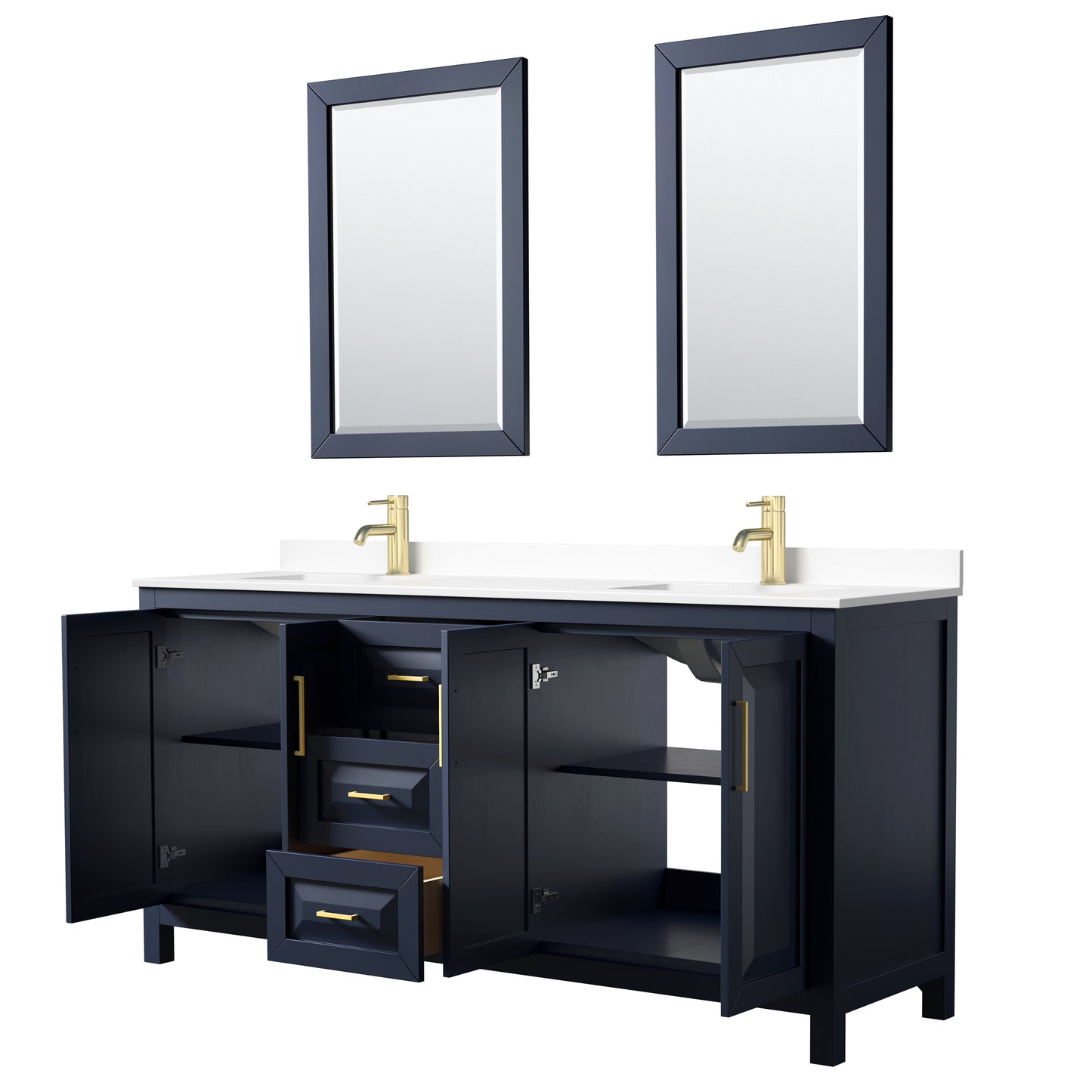 Daria 72" Double Vanity in Dark Blue, White Cultured Marble Top, 24" Mirrors