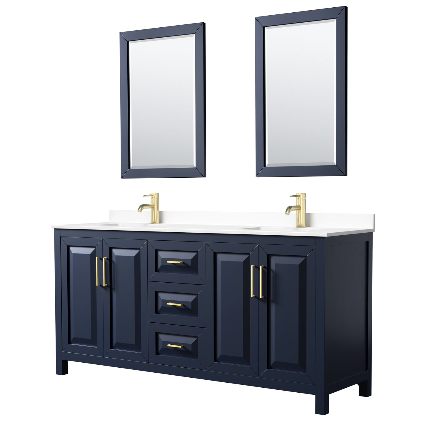 Daria 72" Double Vanity in Dark Blue, White Cultured Marble Top, 24" Mirrors
