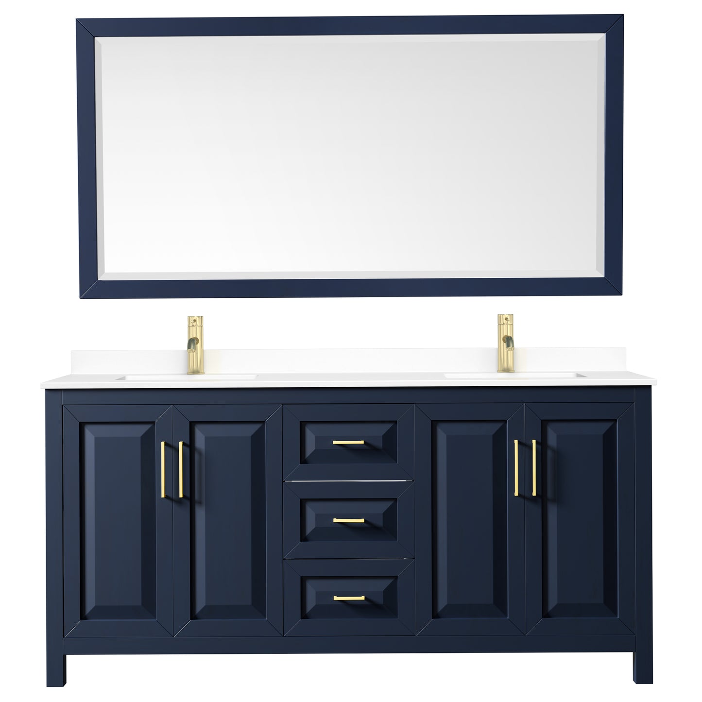 Daria 72" Double Vanity in Dark Blue, White Cultured Marble Top, 70" Mirror