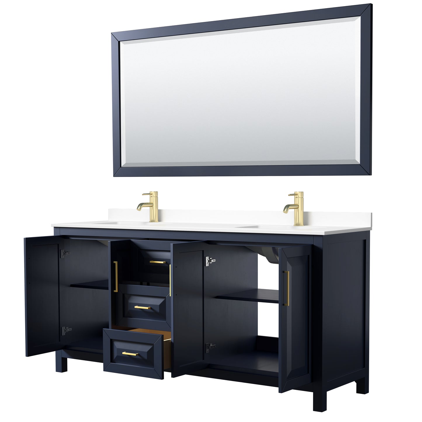 Daria 72" Double Vanity in Dark Blue, White Cultured Marble Top, 70" Mirror