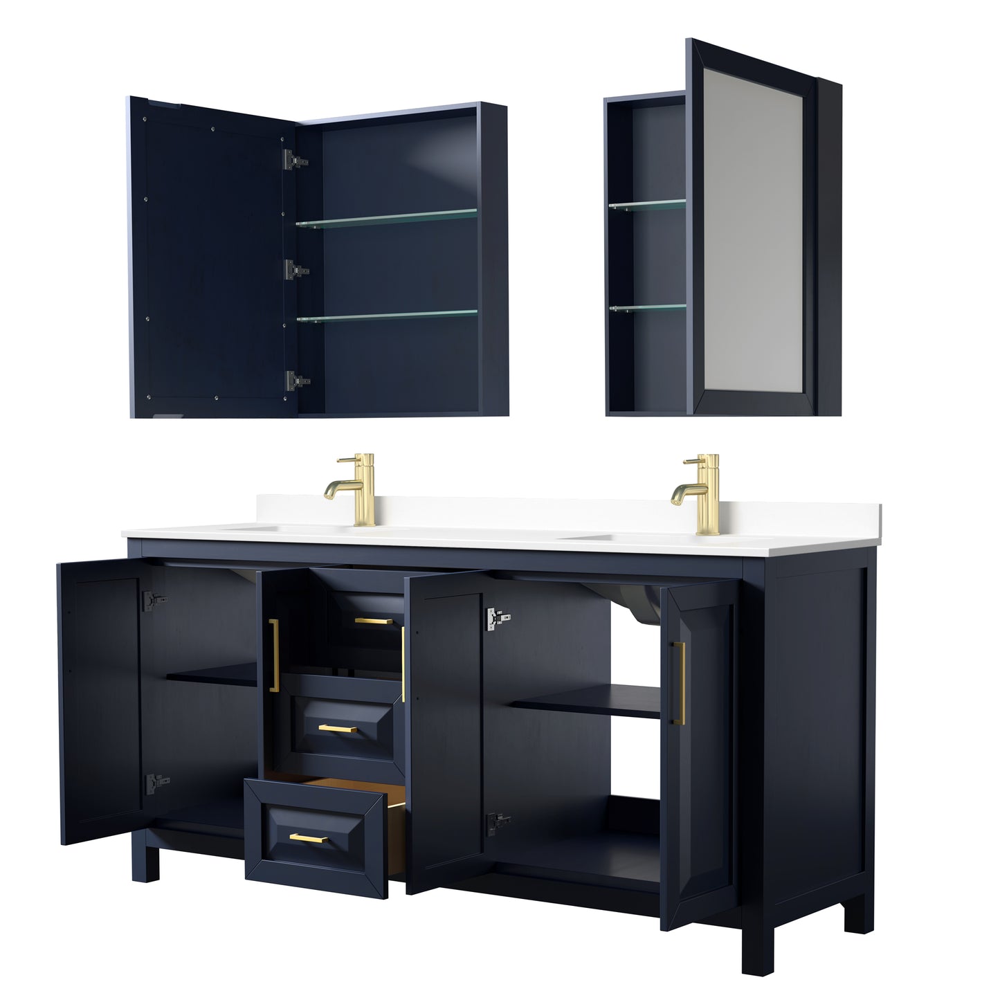 Daria 72" Double Vanity in Blue, White Cultured Marble Top, Medicine Cabinets