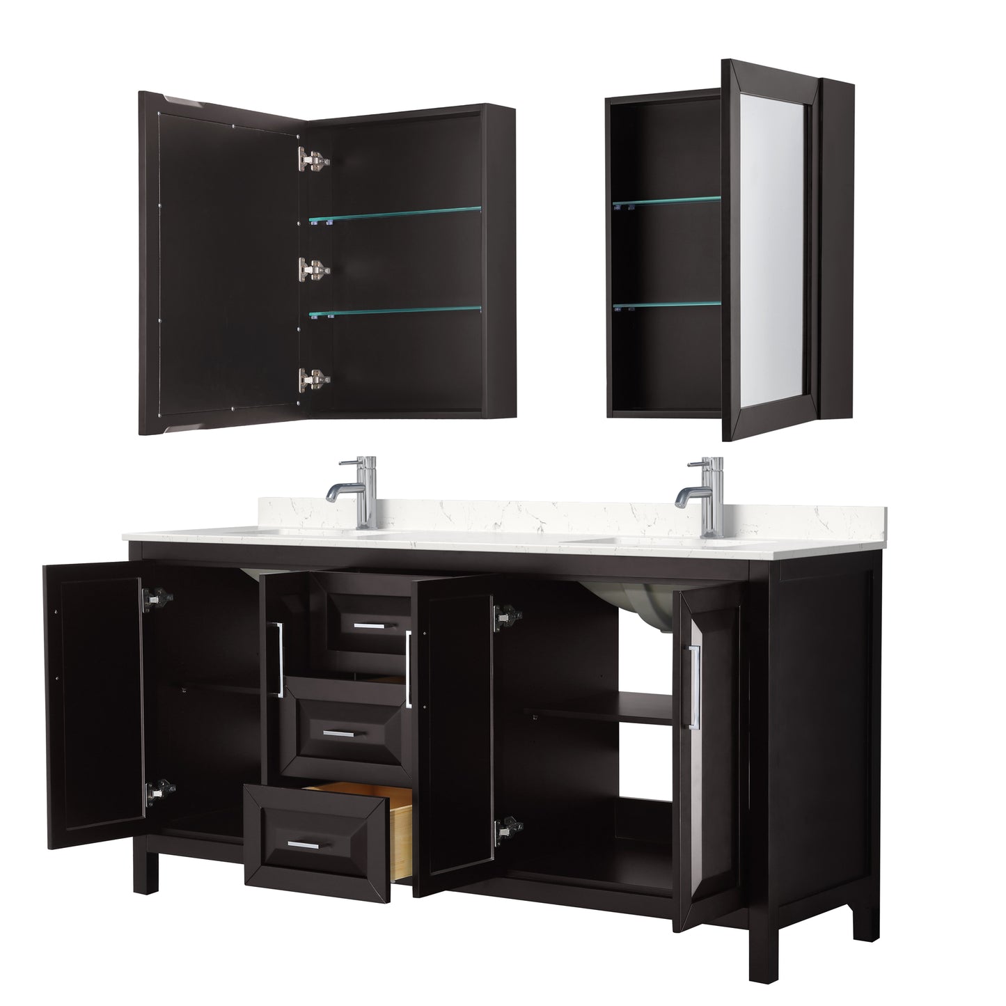 Daria 72" Double Vanity in Espresso, Carrara Marble Top, Medicine Cabinets