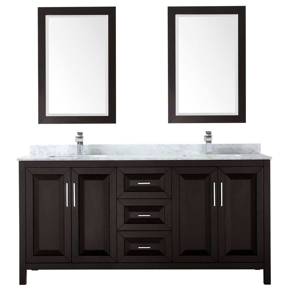 Daria 72" Double Vanity in Dark Espresso, Top, Square Sinks, 24" Mirrors