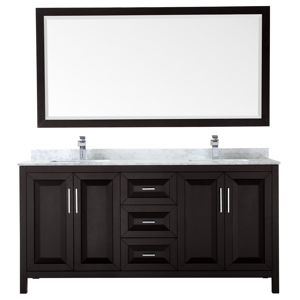 Daria 72" Double Vanity in Dark Espresso, Top, Square Sinks, 70" Mirror