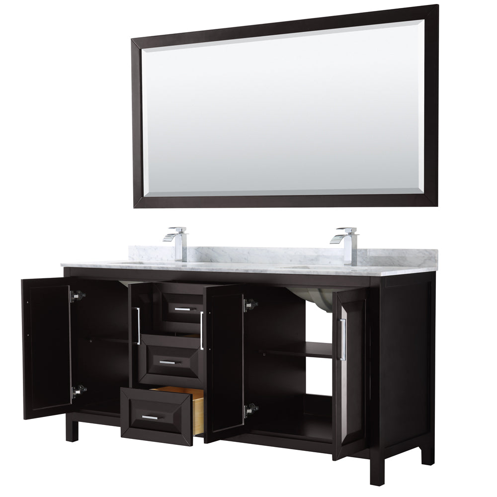 Daria 72" Double Vanity in Dark Espresso, Top, Square Sinks, 70" Mirror