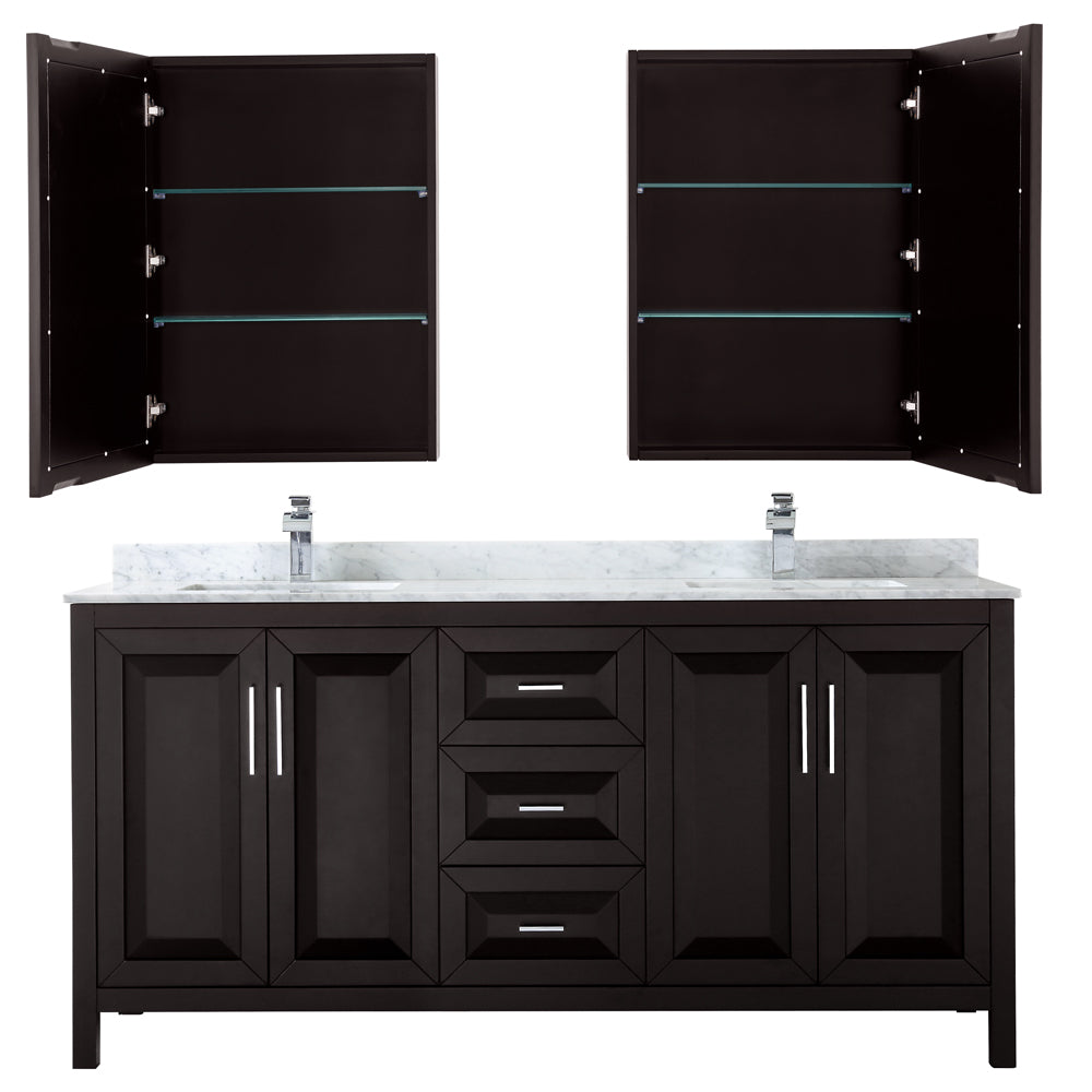 Daria 72" Double Vanity in Dark Espresso, Top, Square Sinks, Medicine Cabinets