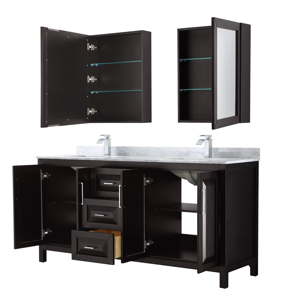 Daria 72" Double Vanity in Dark Espresso, Top, Square Sinks, Medicine Cabinets