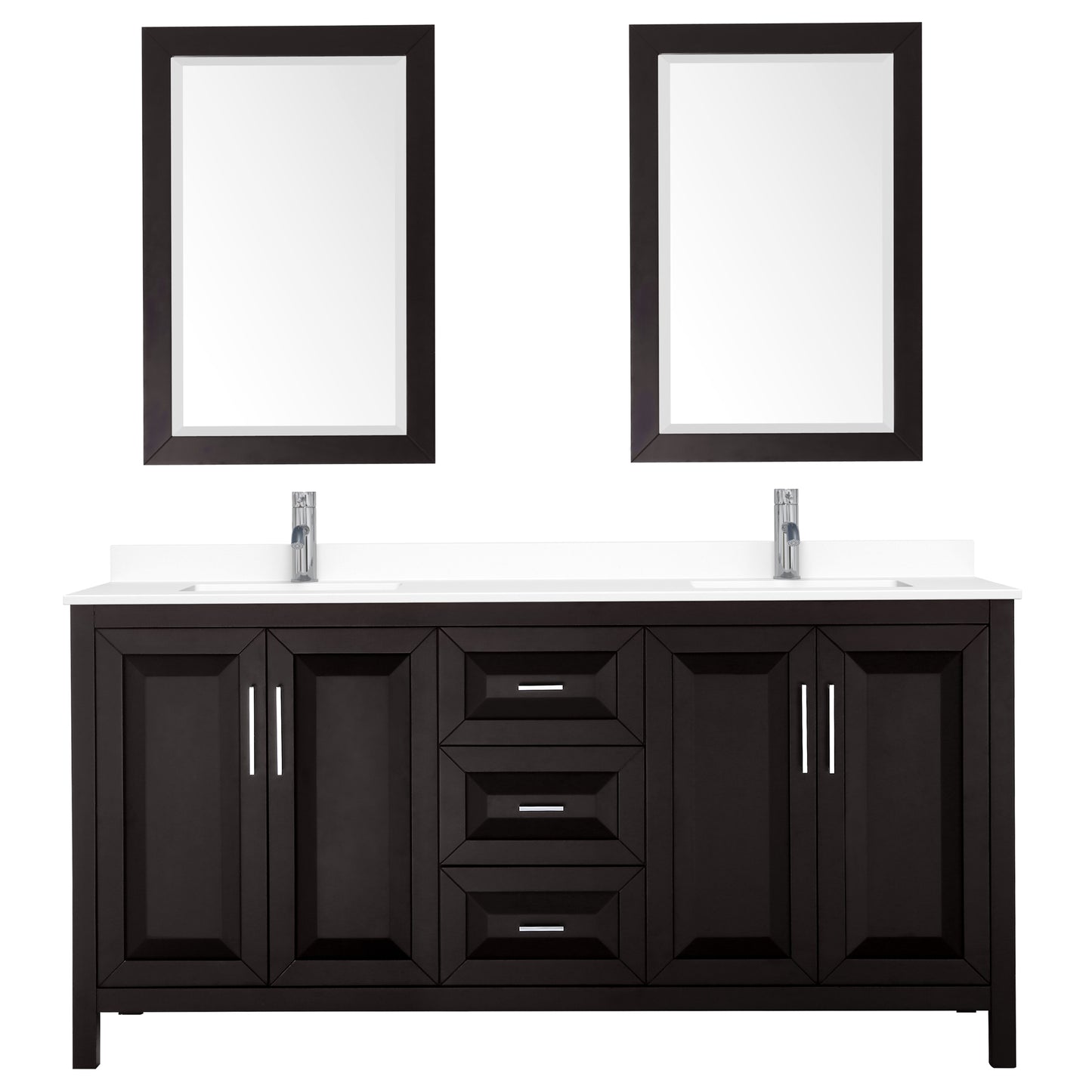 Daria 72" Double Vanity in Dark Espresso, White Cultured Marble Top, 24" Mirrors
