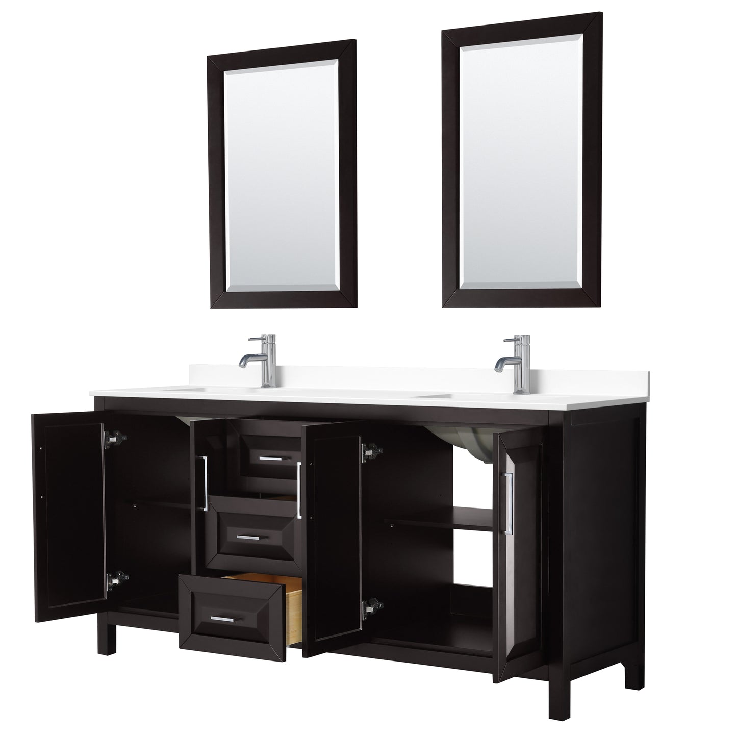 Daria 72" Double Vanity in Dark Espresso, White Cultured Marble Top, 24" Mirrors