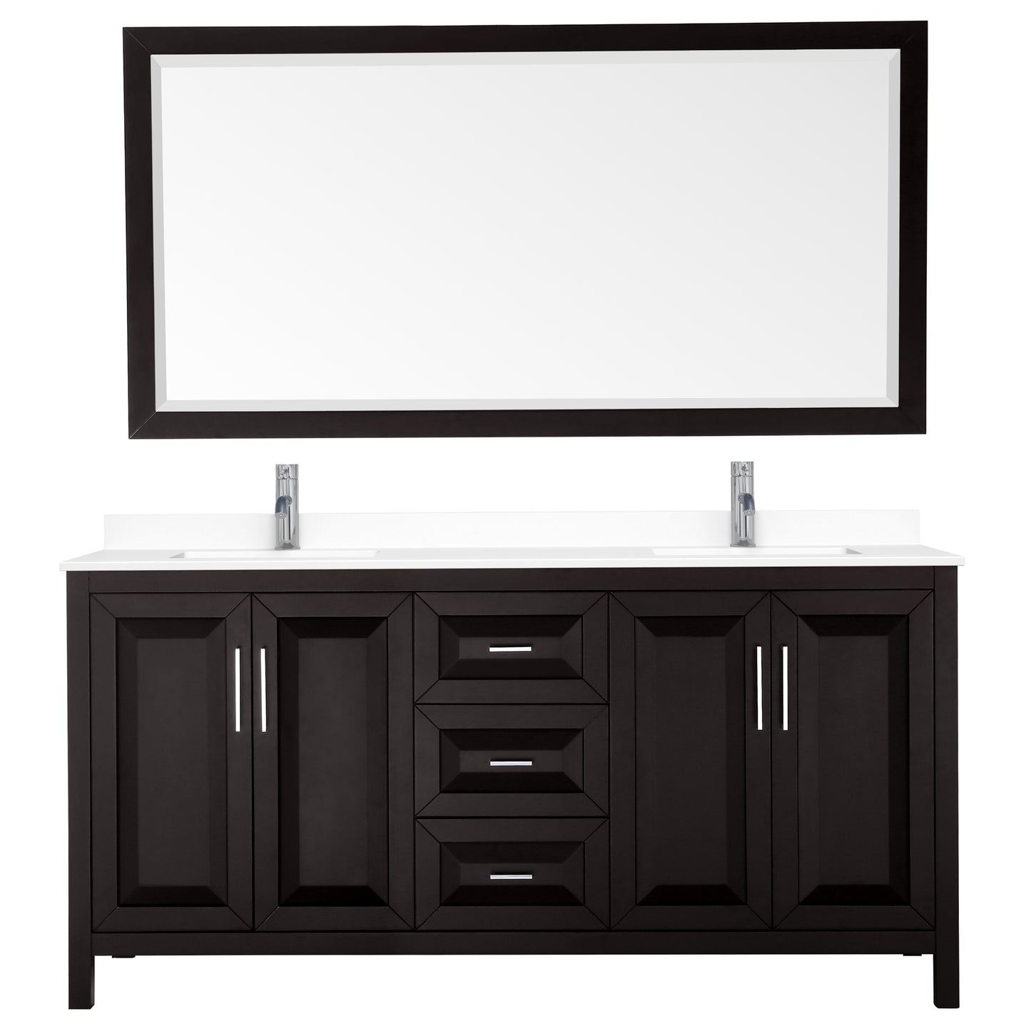 Daria 72" Double Vanity in Dark Espresso, White Cultured Marble Top, 70" Mirror