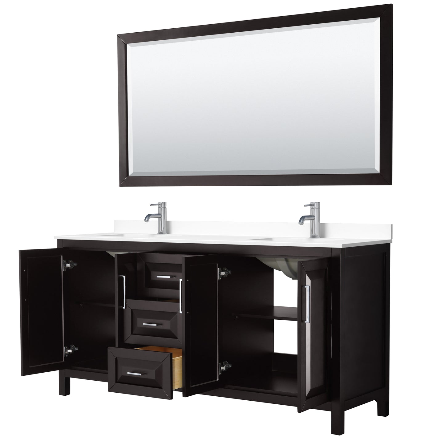 Daria 72" Double Vanity in Dark Espresso, White Cultured Marble Top, 70" Mirror